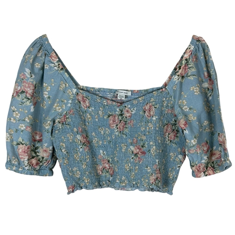 American Eagle Floral Crop Top Womens M Blue Puff Sleeve Smocked Cottagecore